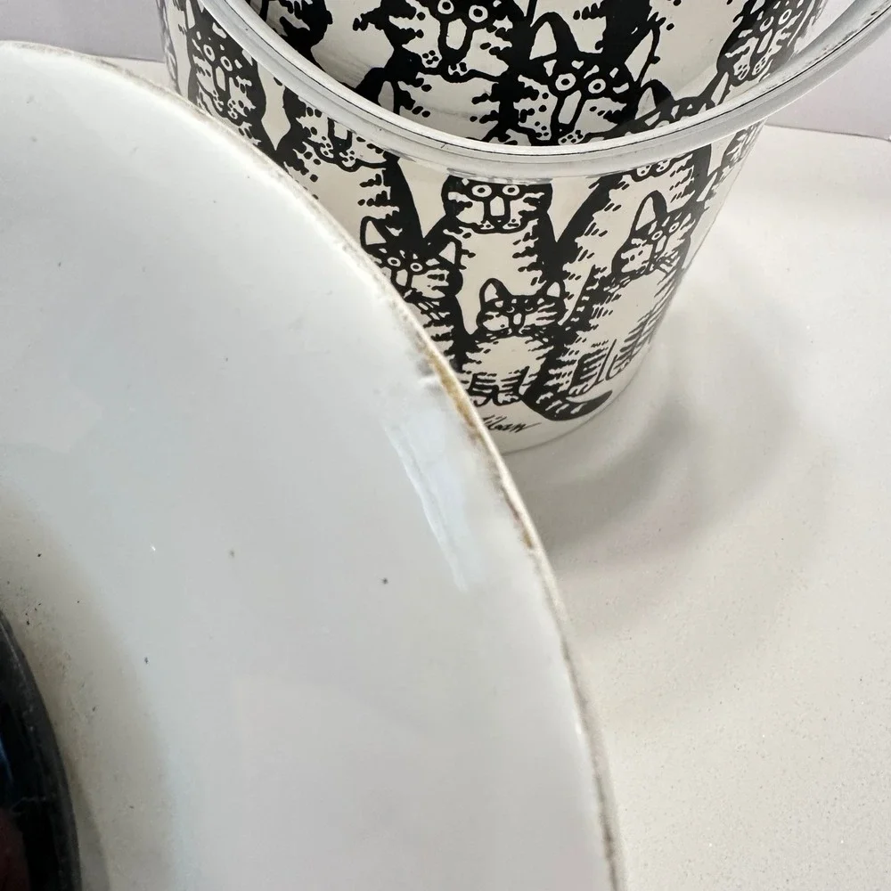 Vintage B Kliban Cat Crowd Ice Bucket White Black Retro Barware Insulated Lid
